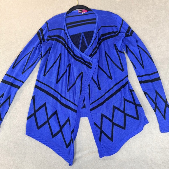 Say What? Sweaters - Say What Women’s Y2K Blue & Black Geometric Design Open Front Cardigan Sweater-M